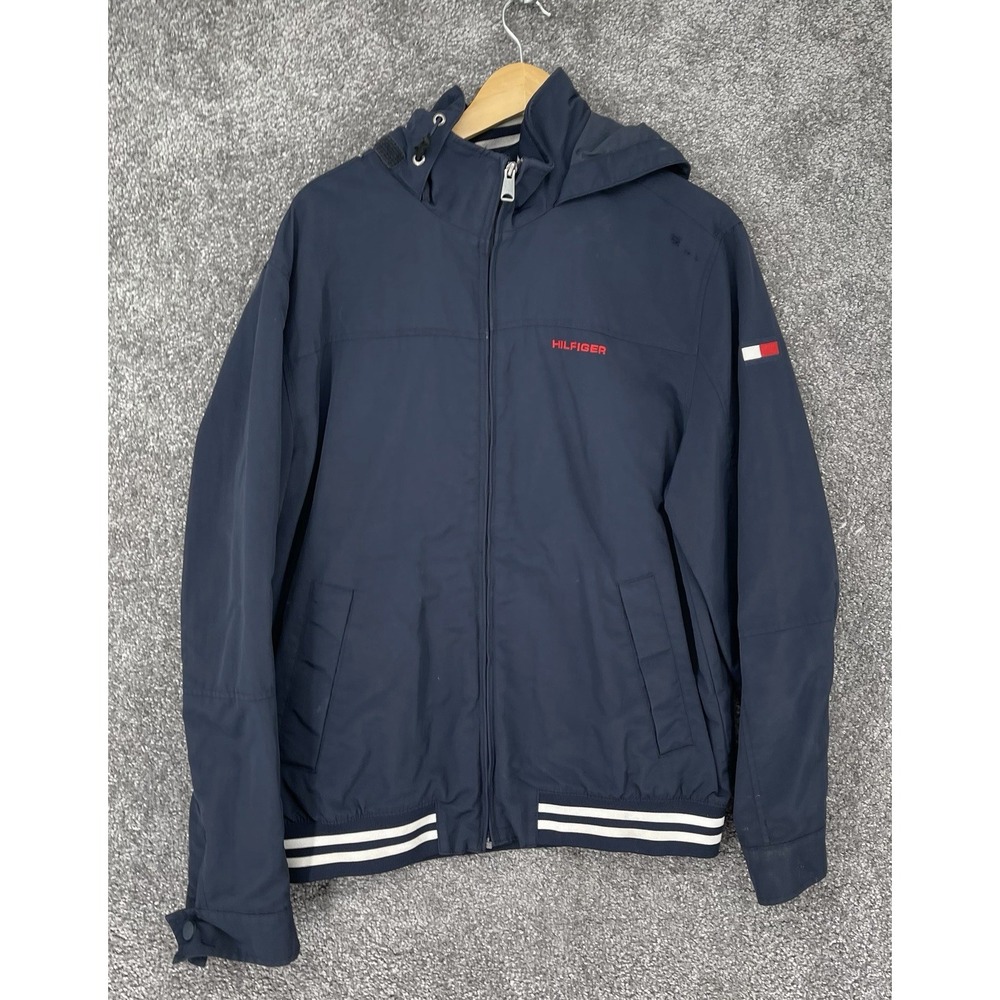 Tommy Hilfiger Mens M Navy Hooded Windbreaker Red Mesh Lined Jacket Flawed.